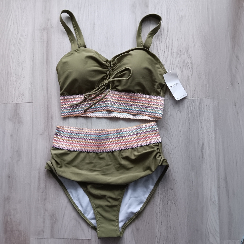 Viaurbe High Waisted Bikini Top & Bottom Set Adjustable Army Green Medium Gifts